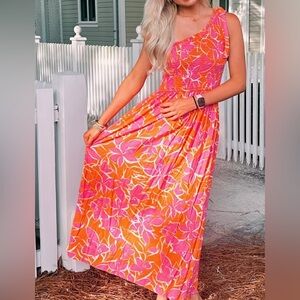 Pink and orange floral one shoulder dress small